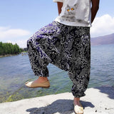Women Boho Harem Pants Loose Oversized Cotton Linen Streetwear Hip Hop Dance Trousers Ethnic Print Hippie Pants