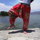 Women Boho Harem Pants Loose Oversized Cotton Linen Streetwear Hip Hop Dance Trousers Ethnic Print Hippie Pants