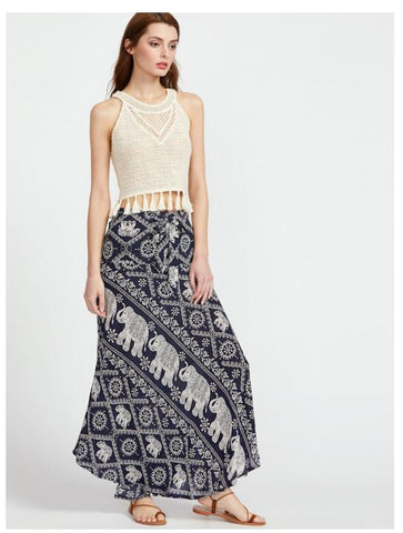 Women Bohemian Hippie Skirt Elephant Print 2018 Summer Beach Long Skirt Vintage Maxi Skirts High Waist Slim Maxi Skirt - craze-trade-limited