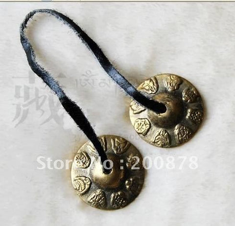 TBC847  Tibetan brass small Tingsha  buddhist bell 45mm Tibet 8 auspicious   OM MANI PADME HUM Cymbals